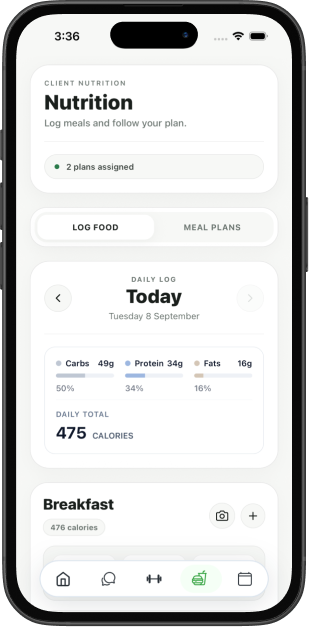 BULK client nutrition log with daily macros and meals
