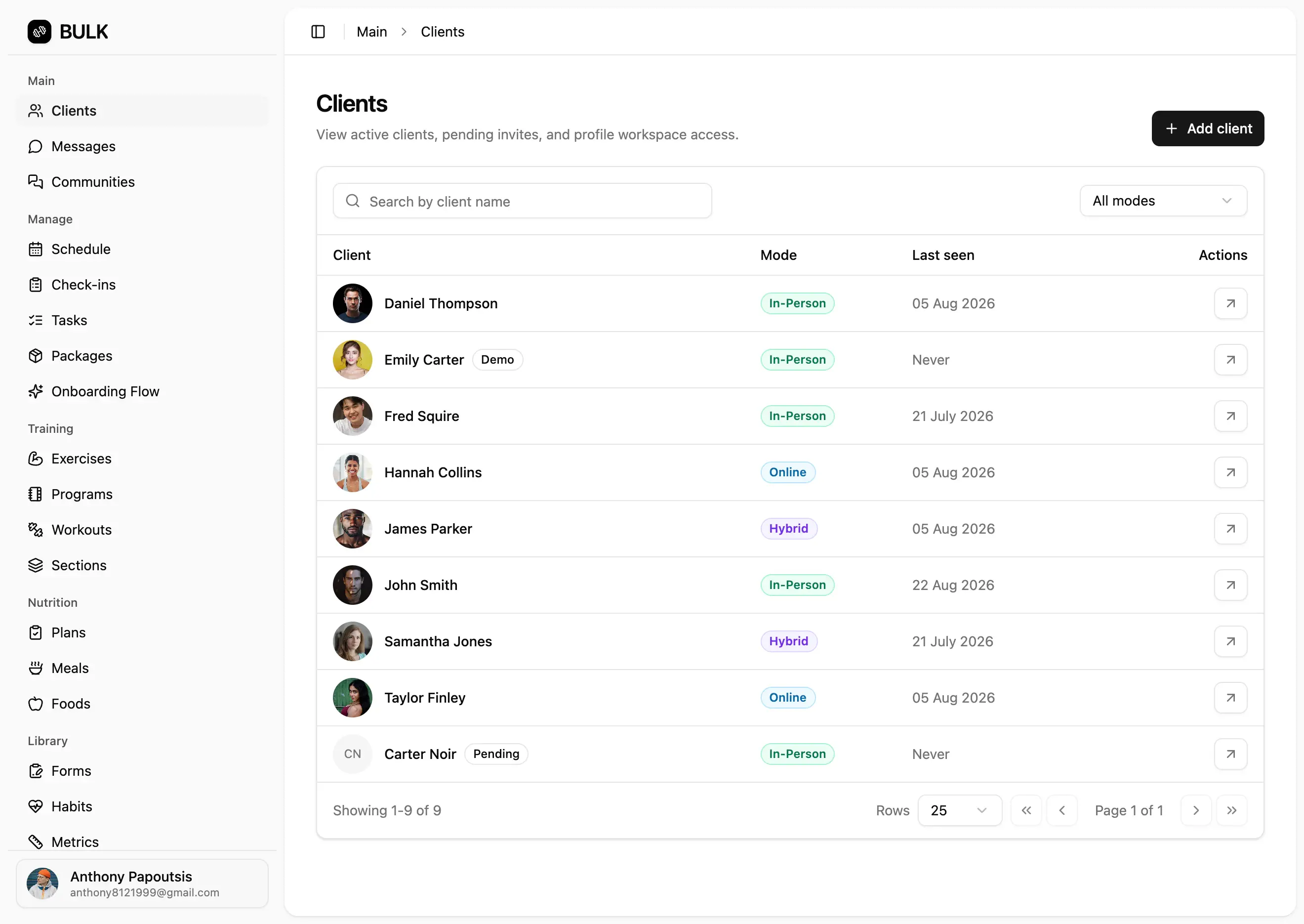 BULK web dashboard showing the coach client list