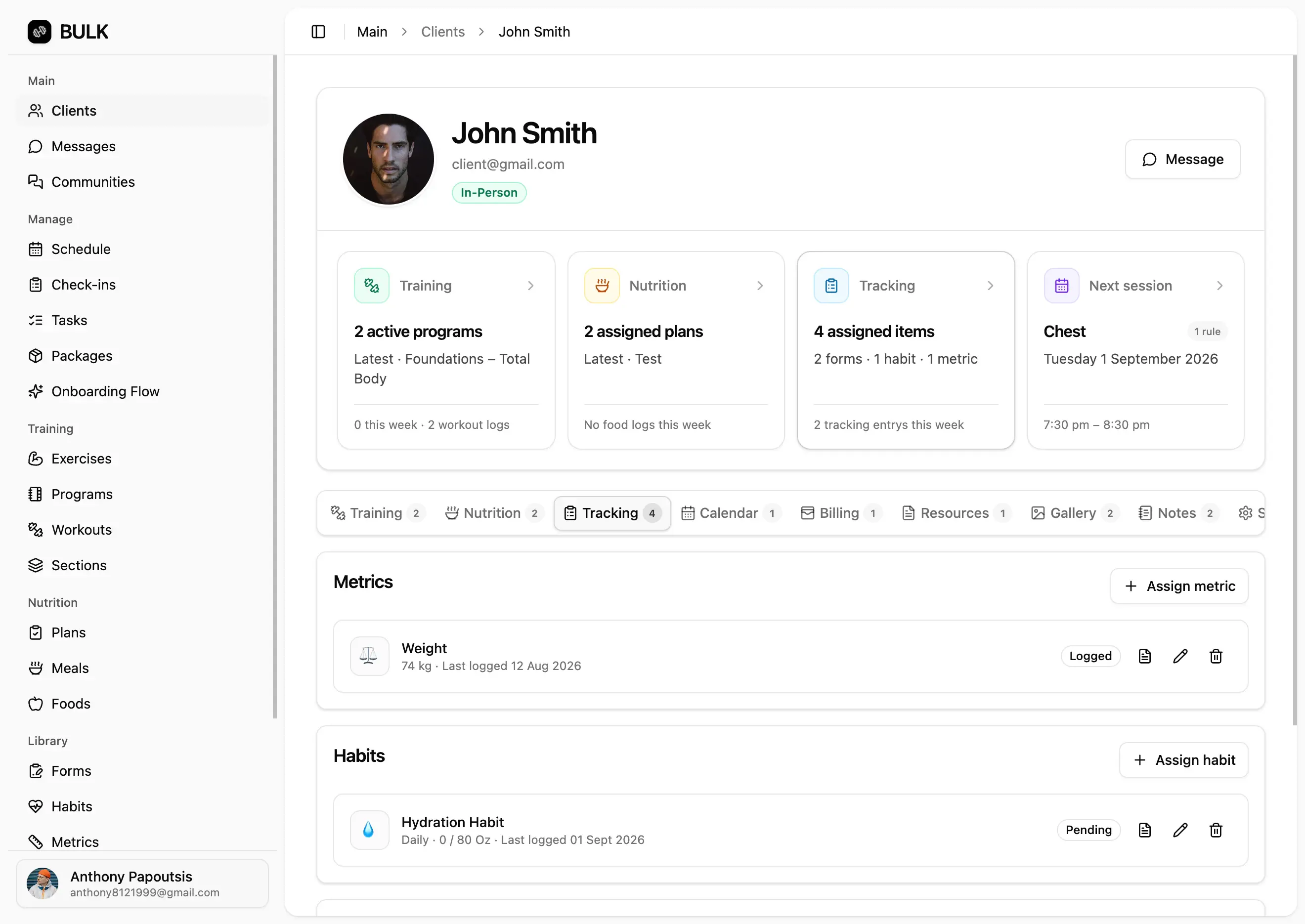 BULK client dashboard keeping a coaching roster organised