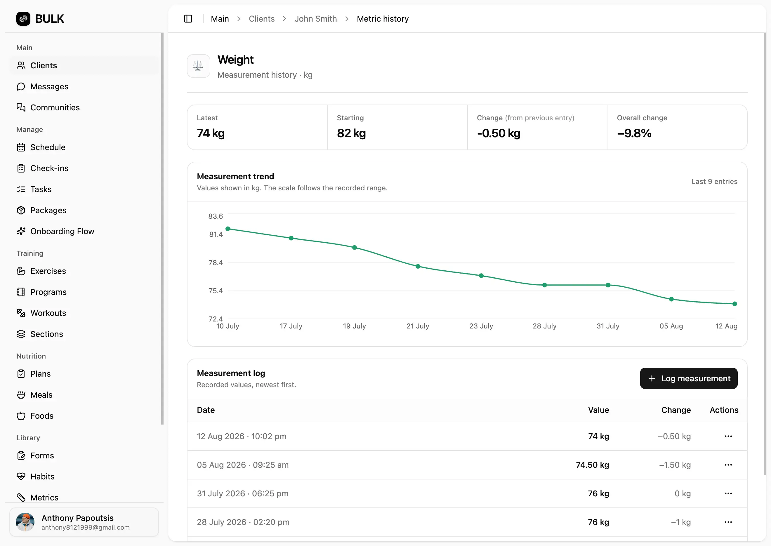 BULK progress history showing a client’s coaching journey over time