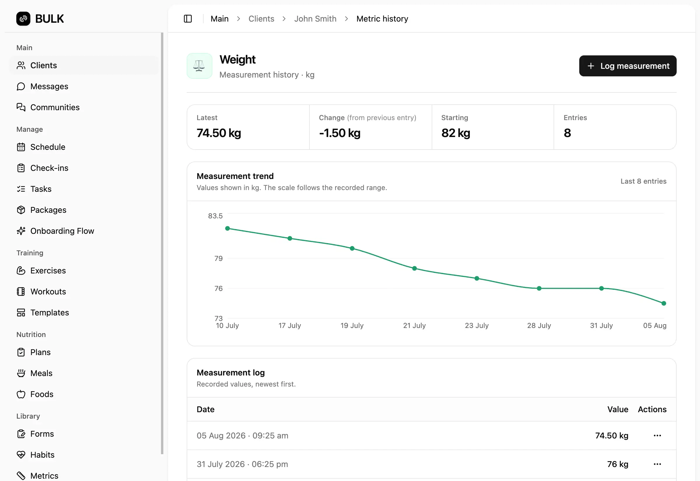 BULK progress history showing a client’s coaching journey over time