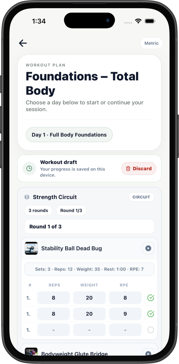 BULK client workout screen